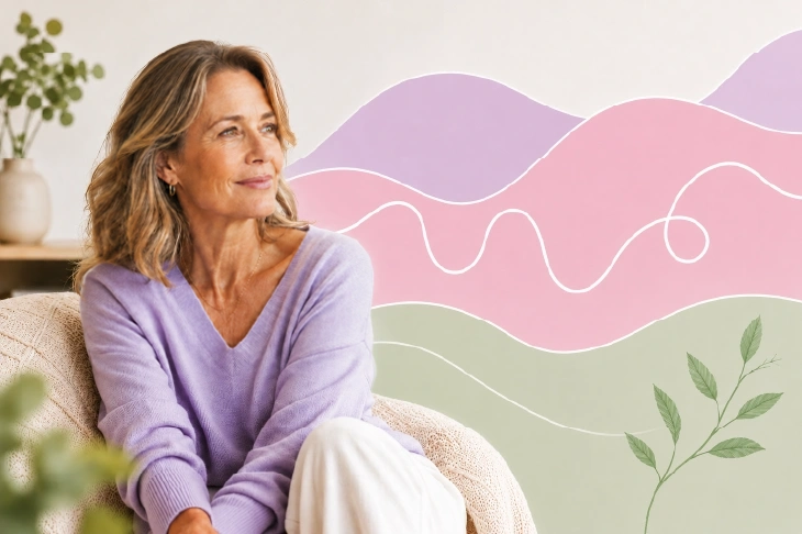 Donna adulta serena in un ambiente luminoso, con sfondo astratto nei toni lilla, rosa e verde salvia e una linea sinuosa che richiama le fasi della menopausa.